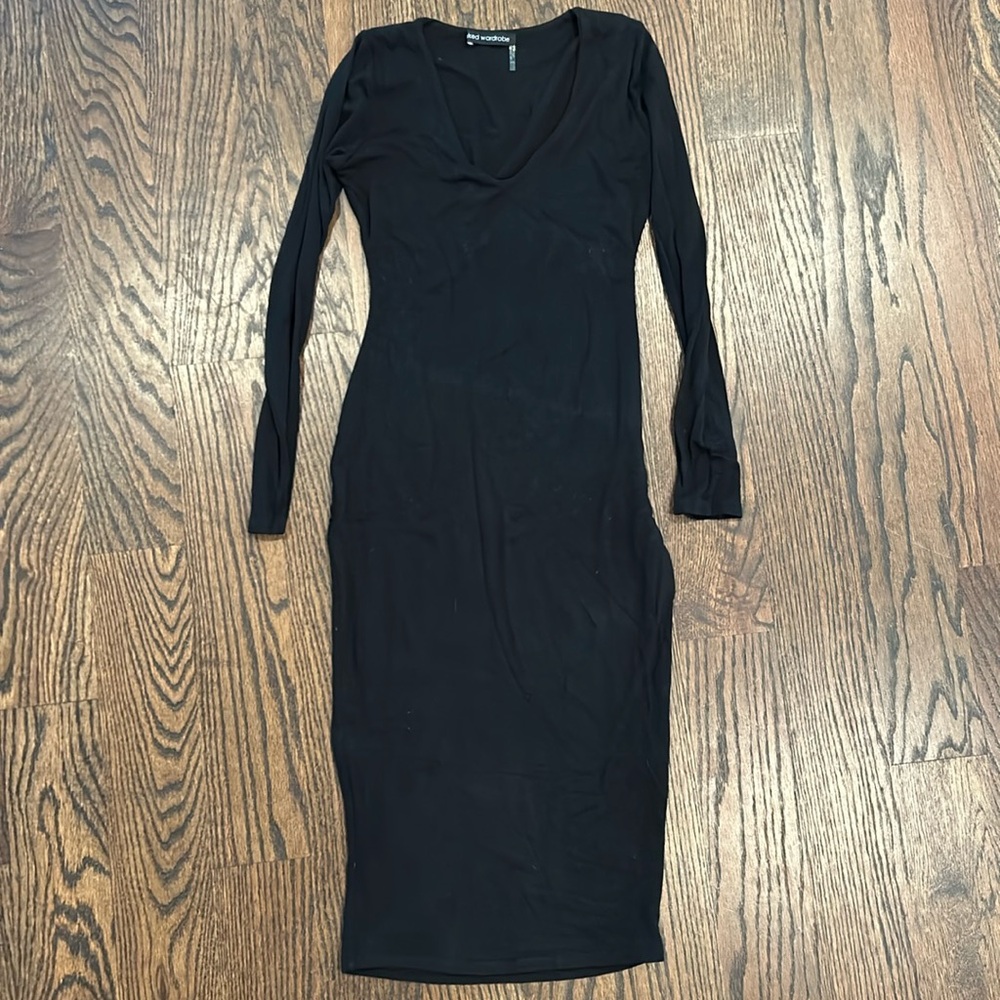 Naked wardrobe black lone sleeve stretch midi dress, worn once, size large